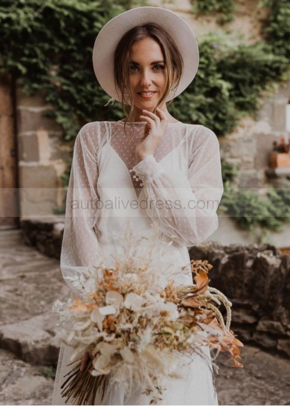 Long Sleeves Ivory Polka Dot Tulle Cute Wedding Dress